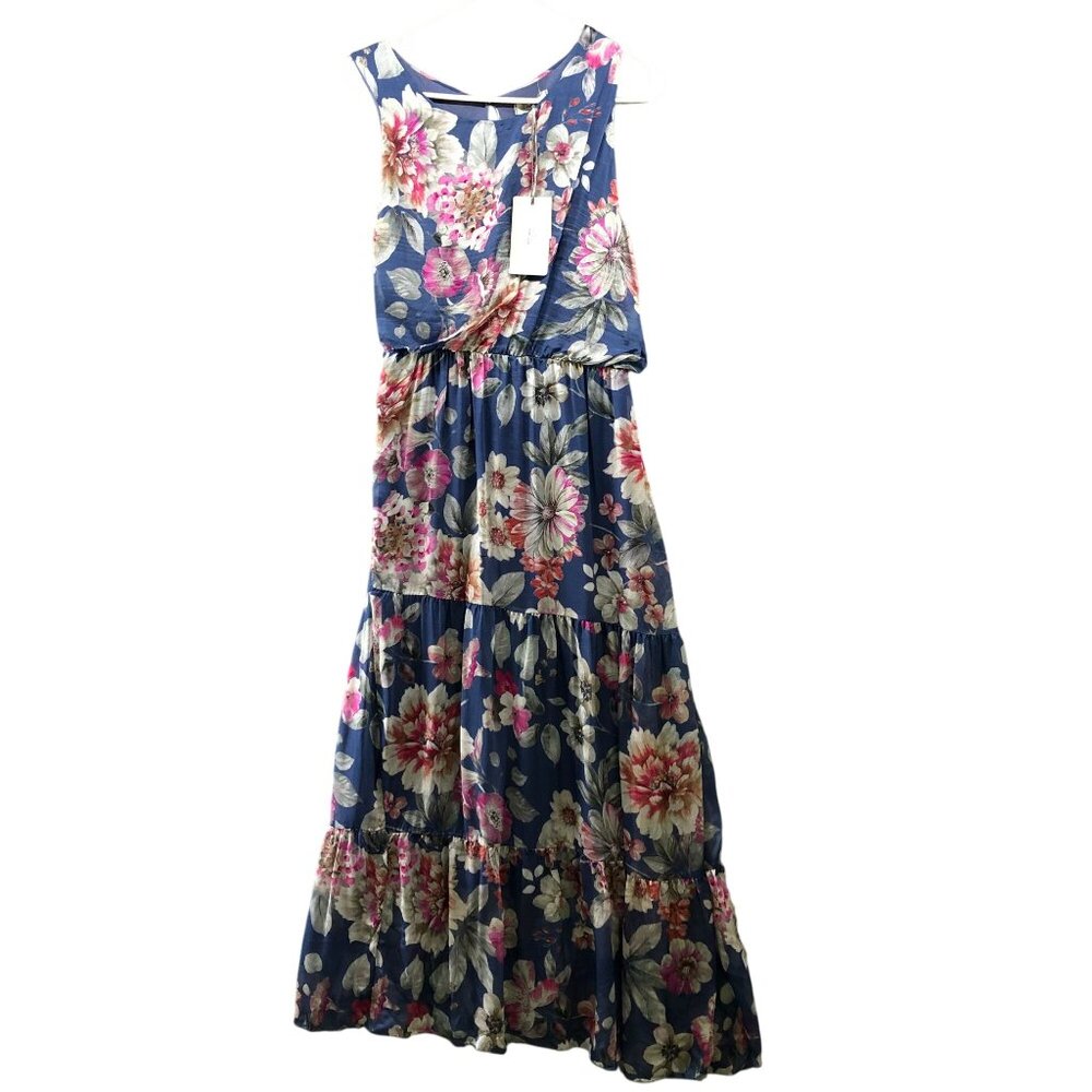 NWT Larag Silk Blend Floral Maxi‎ Dress Size M Sleeveless A-Line Blue Pink Italy